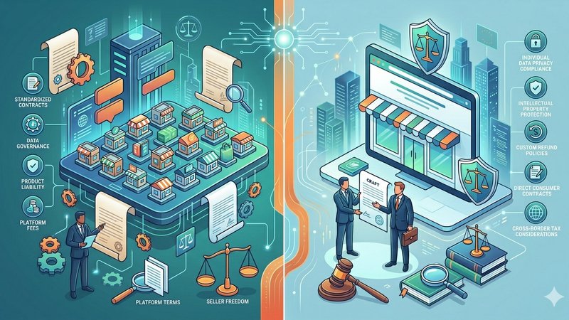 Современная иллюстрация, сравнивающая юридические аспекты работы маркетплейса и собственного интернет-магазина в 2026 году
